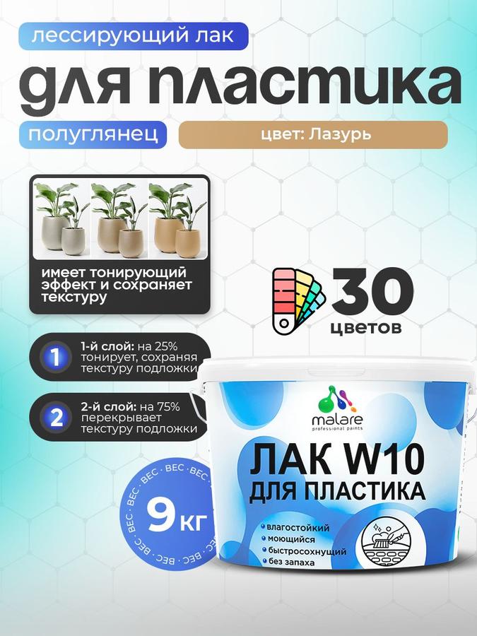 Лак акриловый Malare W10 тонирующий для пластика, моющийся, быстросохнущий, полуглянцевый, лазурь, 9 кг