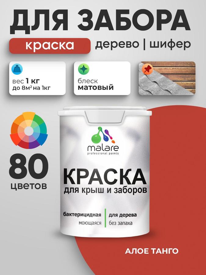 Акриловая краска Malare матовая для деревянного забора и по дереву, быстросохнущая, моющаяся, без запаха, цвет Алое Танго, 1 кг