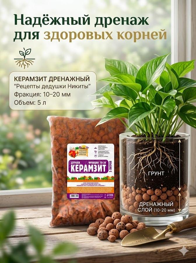 Дренаж Керамзит Рецепты Дедушки Никиты фр. 10-20 мм, 5 л