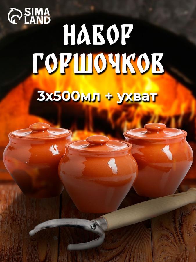 Горшочки керамические для запекания 3 шт 500 мл с ухватом Вятская керамика