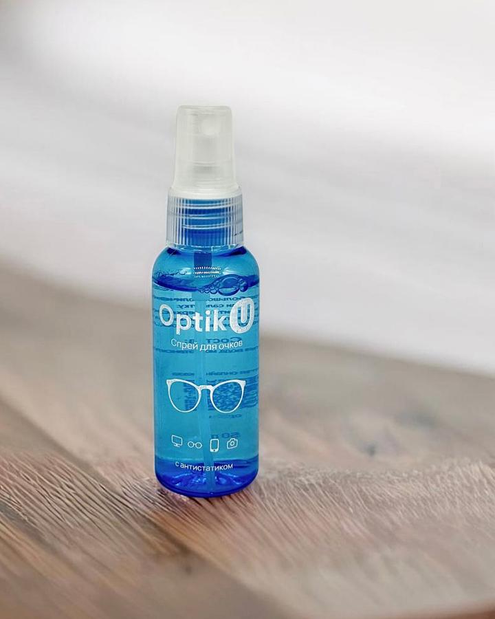 Спрей для очистки очков и линз Optik U с микрофибровой салфеткой в подарок, синий