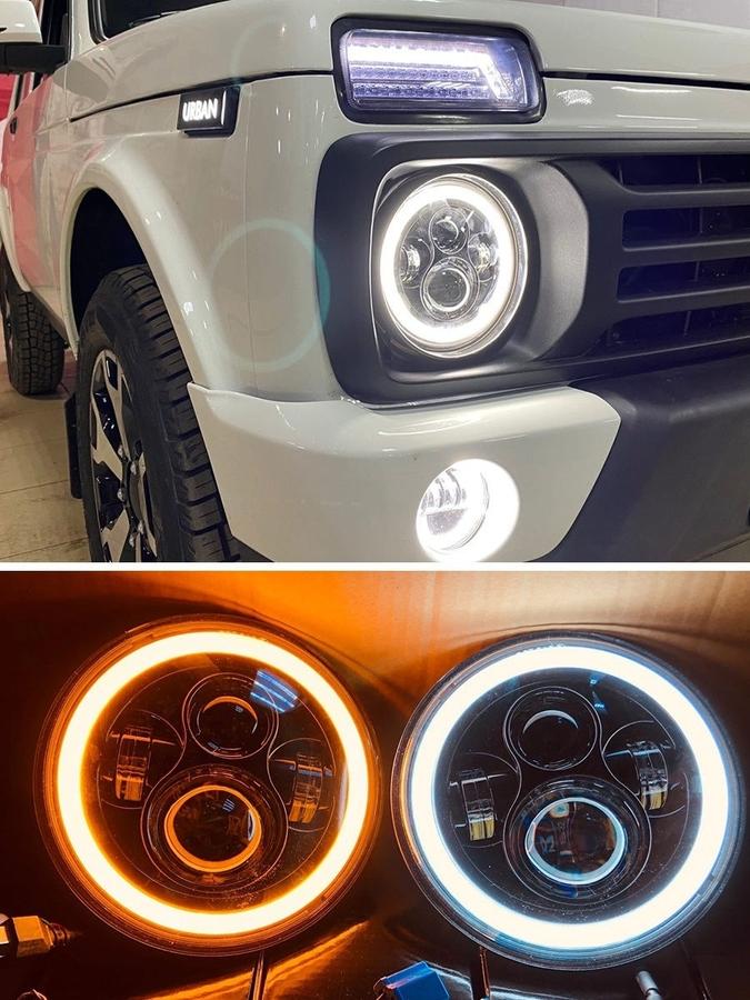 Противотуманные LED фары 7" 60 Вт с линзой и ДХО для Нивы 21214, ВАЗ, Лада, УАЗ и джипов
