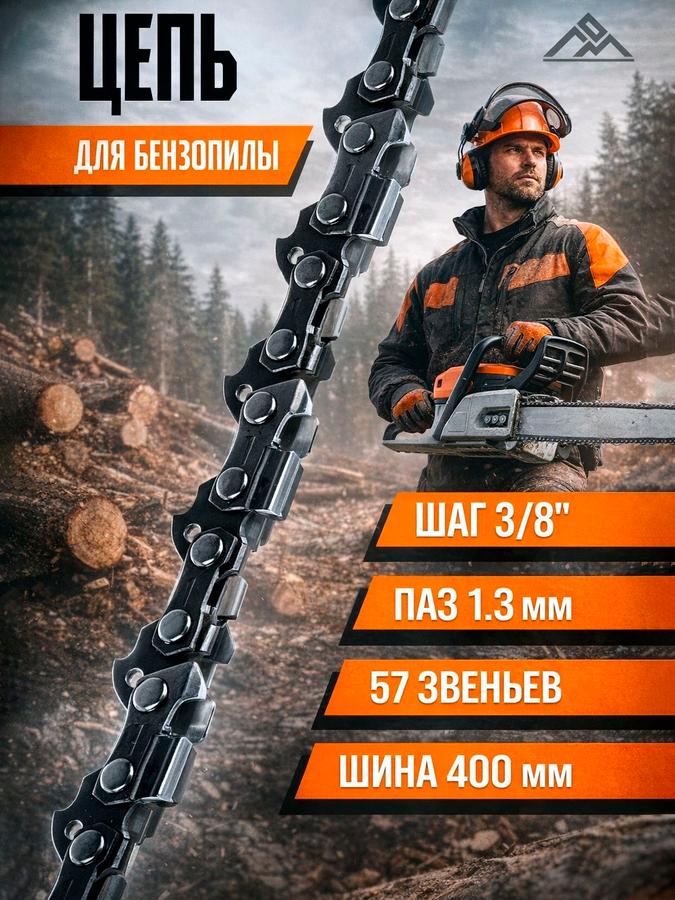 Цепь для бензопилы ЛОМ 16" (400 мм) 3/8" шаг, ширина паза 1.3 мм, 57 звеньев