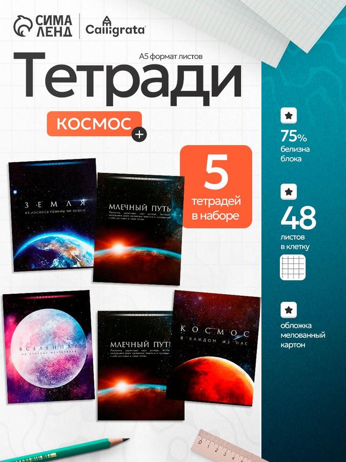 Комплект из 5 тетрадей в клетку, 48 листов каждая