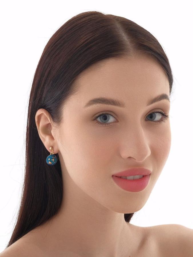 Женские серьги бижутерия с эмалью "Ночь" самолет синие в золотом цвете