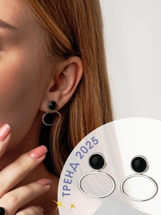 Женские серебряные серьги 925 пробы с черным агатом