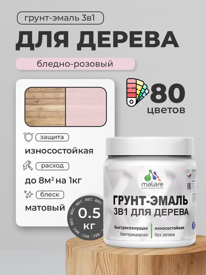 Акриловая грунт-эмаль 3 в 1 Malare для дерева, антисептическая, матовая, быстросохнущая, бледно-розовая, 0.5 кг