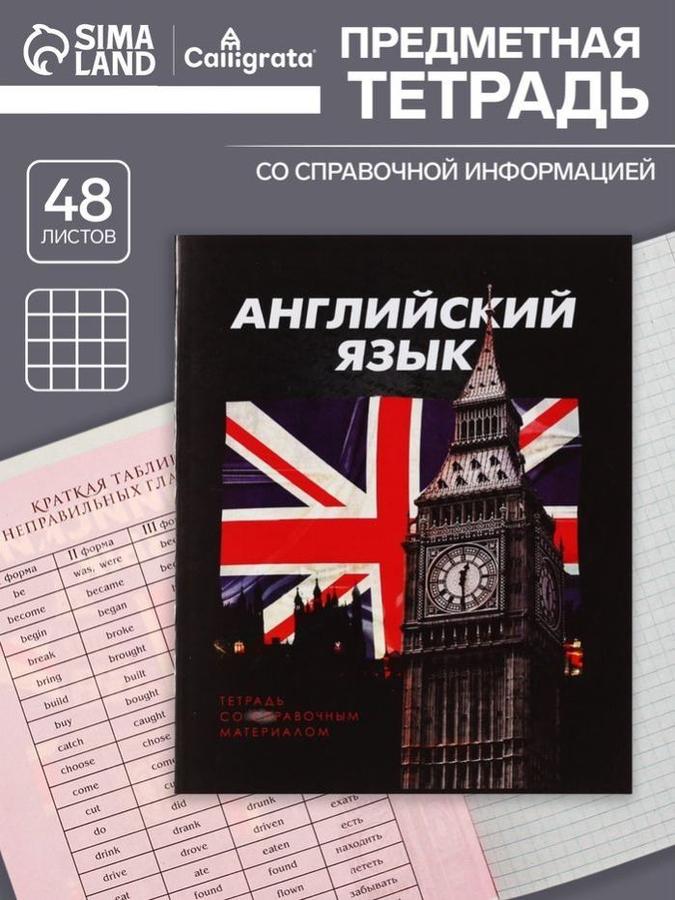 Тетрадь предметная 3D по Английскому языку, 48 листов в клетку, с справочным материалом, мелованный картон, блок №2, белизна 75% (серые листы)