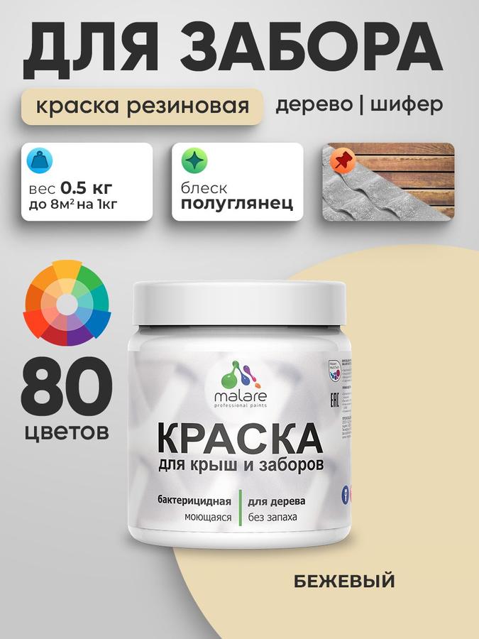 Резиновая краска Malare для деревянного забора и по дереву, быстросохнущая, моющаяся, без запаха, полуглянцевая, бежевый, 0.5 кг