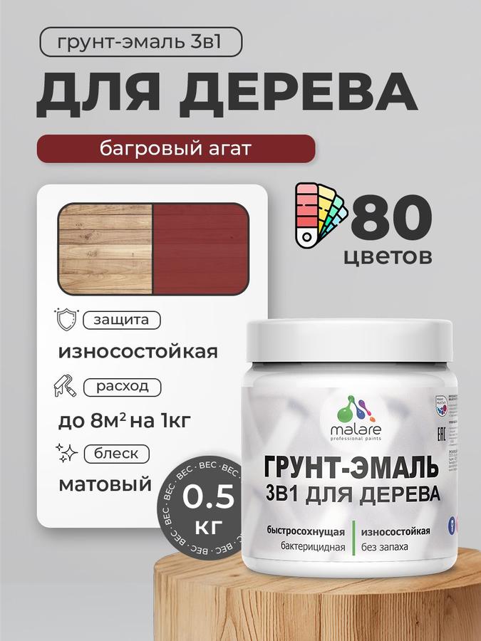 Акриловая грунт-эмаль 3 в 1 Malare багровый агат, 0.5 кг, матовая, быстросохнущая, антисептик для дерева, моющаяся, без запаха