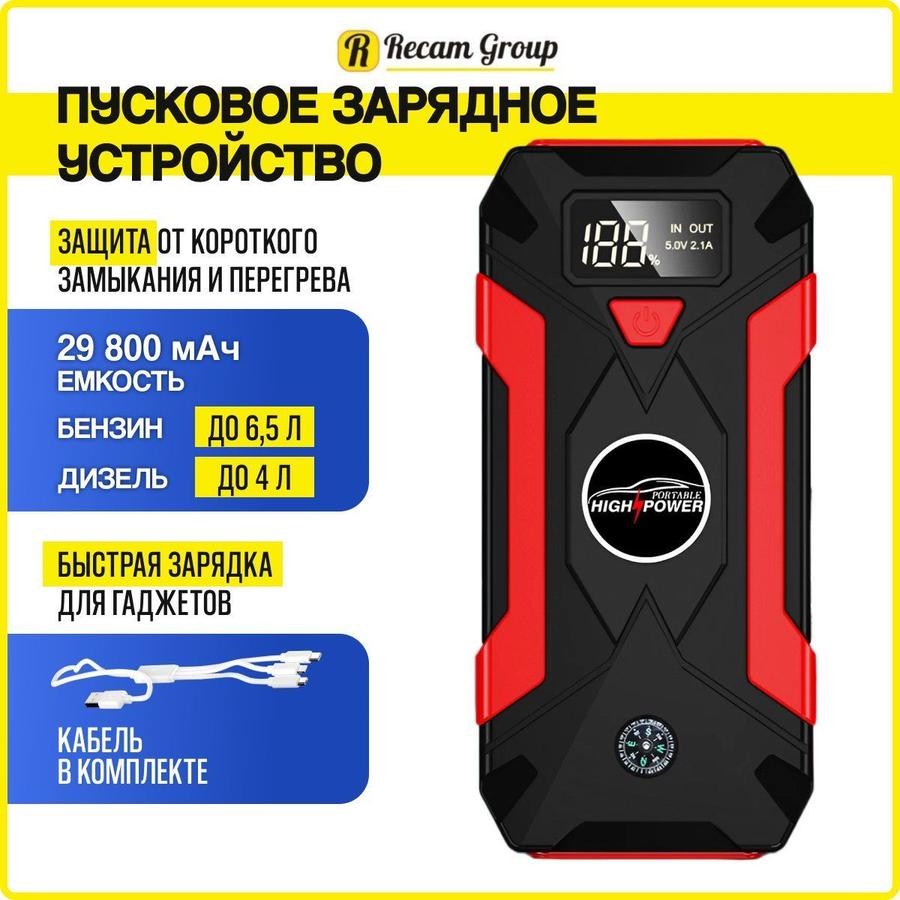 Портативное автомобильное пусковое зарядное устройство Jump Starter 29800 mAh с адаптерами для гаджетов