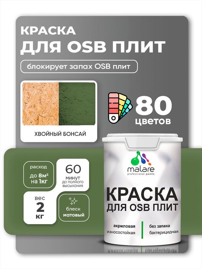 Акриловая краска Malare для ОСБ и дерева, матовая, быстросохнущая, без запаха, цвет Хвойный Бонсай, 2 кг для наружных и внутренних работ