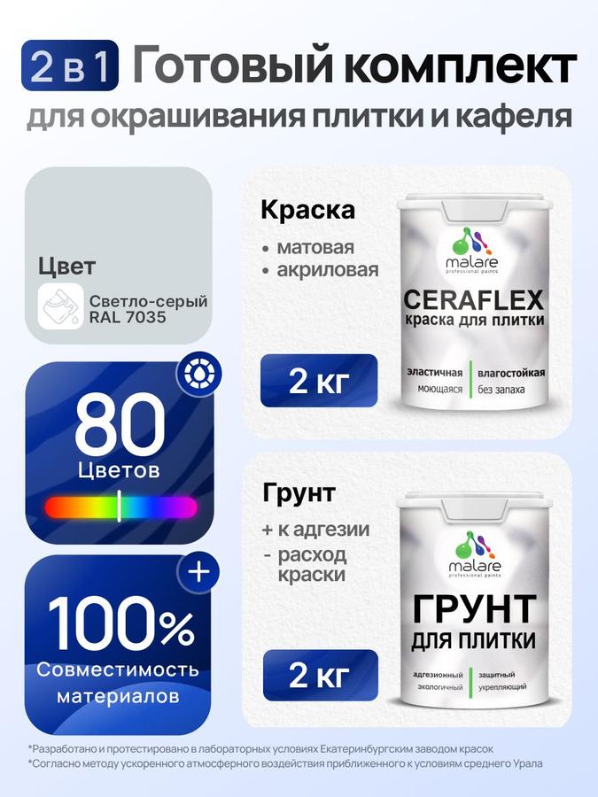 Комплект Malare LIPPO для окрашивания плитки и кафеля 2кг (грунт + краска), акриловый, быстросохнущий, матовый светло-серый, без запаха