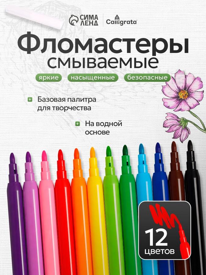 Фломастеры смываемые для рисования, 12 цветов