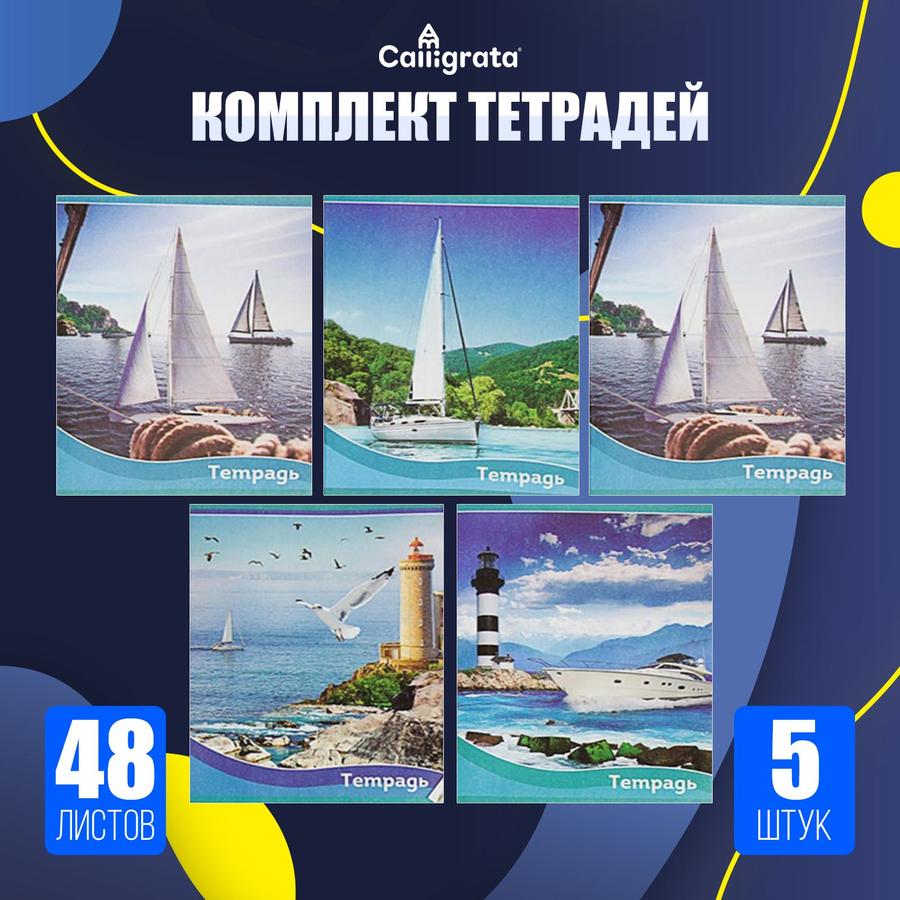 Комплект из 5 тетрадей Корабли, 48 листов, клетка, мелованная обложка, блок №2, белизна 75%