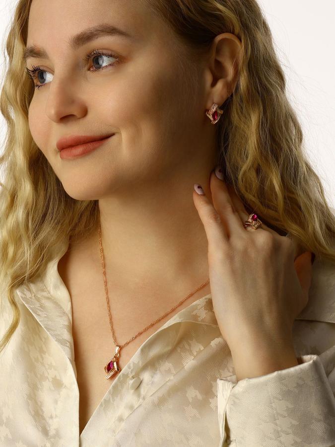 Гарнитур из серег и кулона "Эдель" красно-розовый в золоте