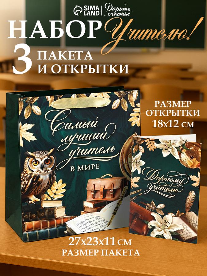 Подарочные пакеты на выпускной с открытками для учителя, набор 3 шт, 27x23x11,5 см