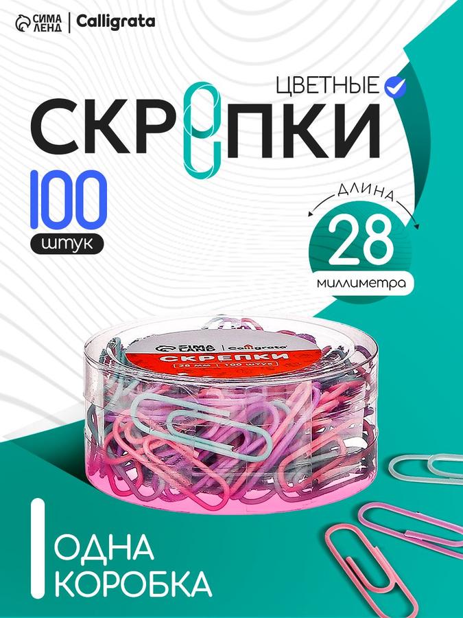 Скрепки 28 мм пастельные в пластиковом тубусе, 100 штук
