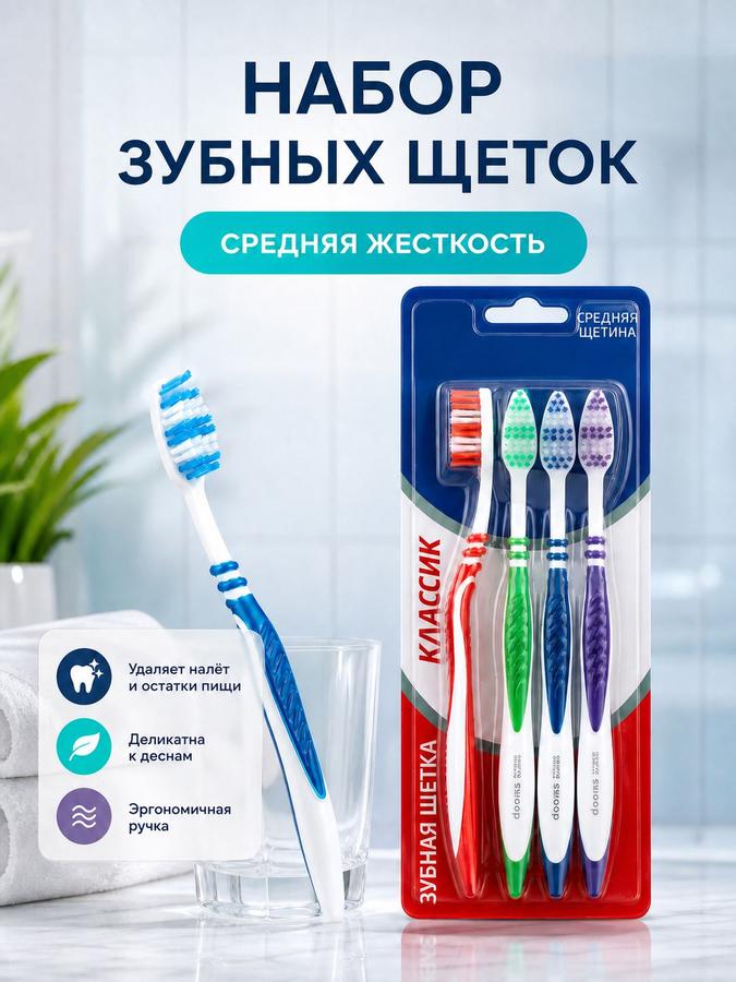 Набор из 4 зубных щеток средней жесткости