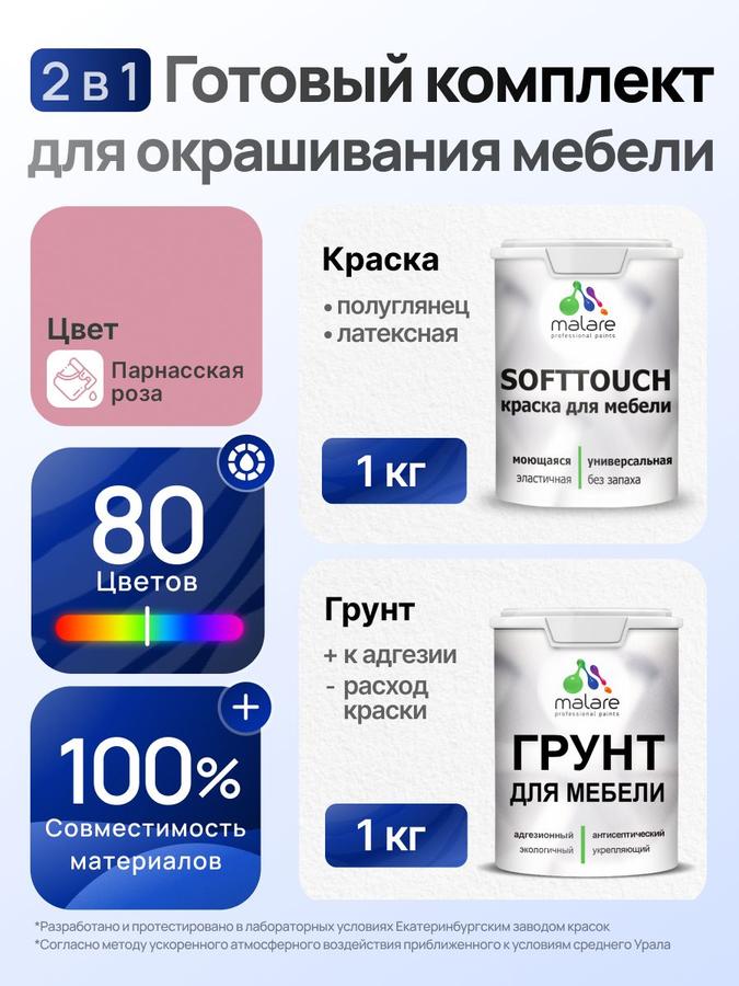 Комплект Malare SoftTouch акриловая краска и грунт для мебели 1 кг, быстросохнущий, без запаха, полуглянцевая, цвет Парнасская роза