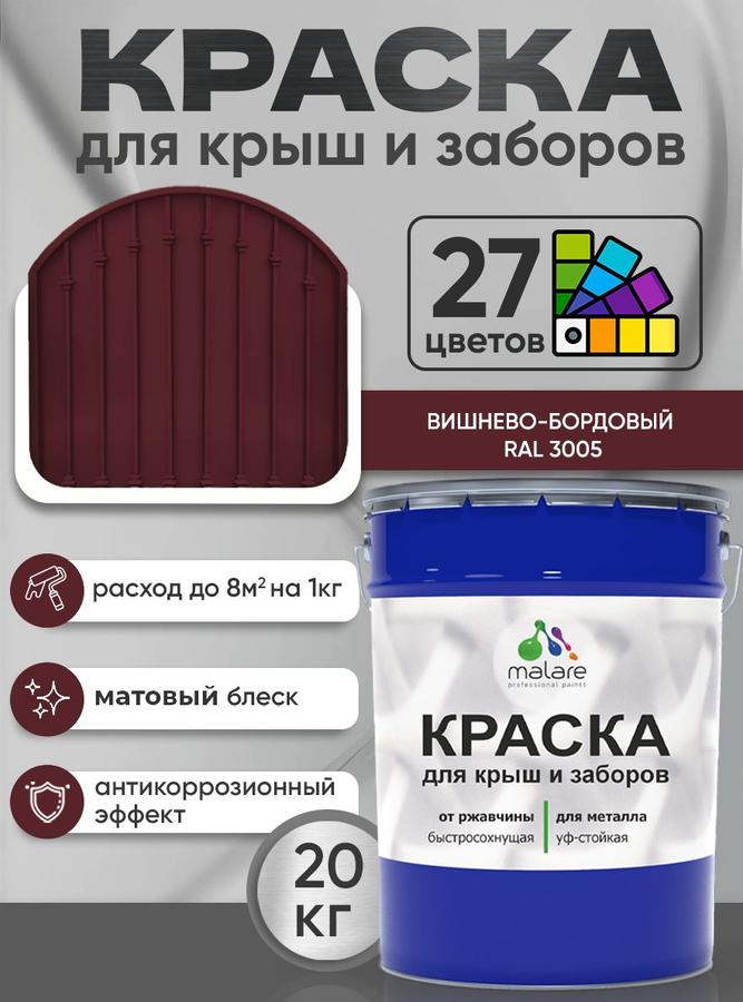 Краска по металлу Malare RAL 3005 матовая для крыш и заборов, быстросохнущая, износостойкая, 20 кг