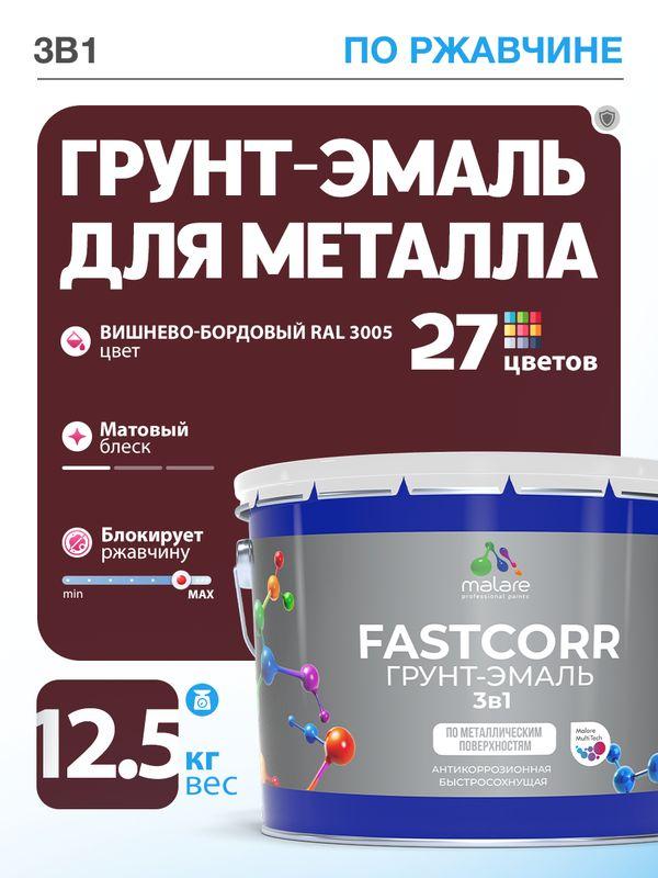Грунт-эмаль Malare FastCorr 3 в 1 по ржавчине, антикоррозионная, износостойкая, быстросохнущая, матовая RAL 3005 вишнево-бордовый, 12,5 кг