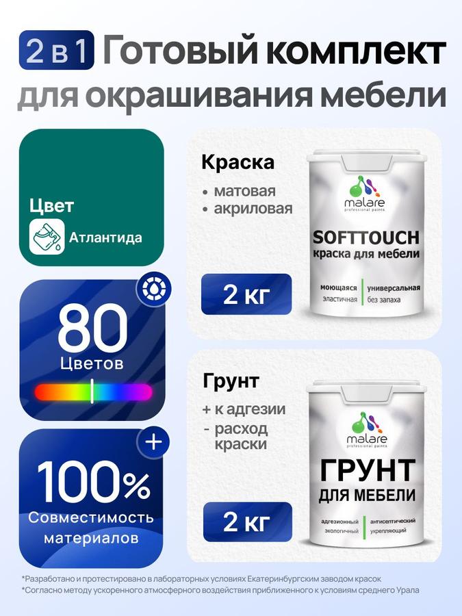 Комплект Malare SoftTouch акриловый для окрашивания мебели матовый Атлантида (2кг грунт + 2кг краска) без запаха быстросохнущий