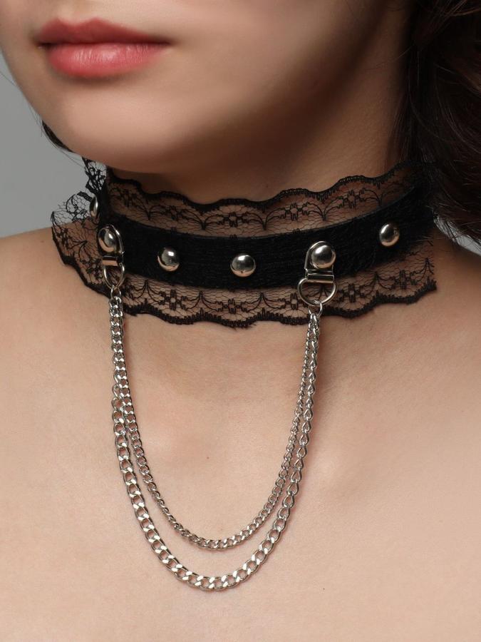 Чокер "Искушение" кружевной черный с серебряными цепями