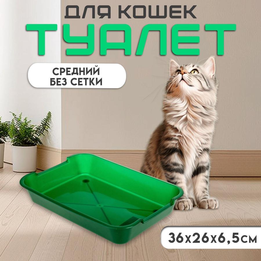 Средний лоток для кошек 36x26x6,5 см, без сетки, зеленый
