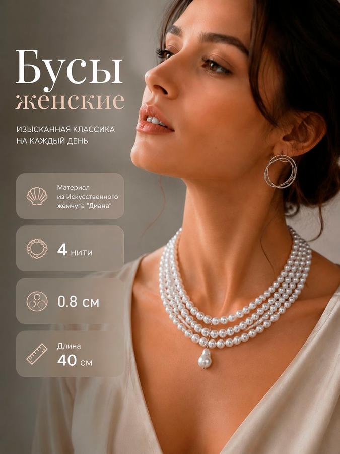 Жемчужное колье-чокер Диана, 4 нити, 40 см, белый искусственный жемчуг