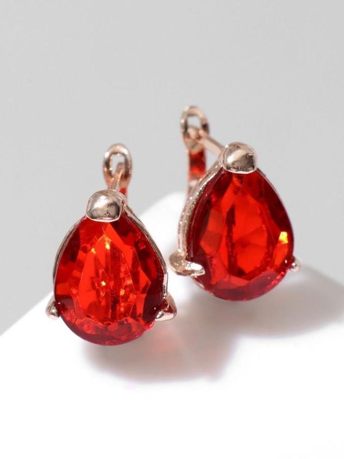 Женские серьги с красными стразами в розовом золоте бижутерия