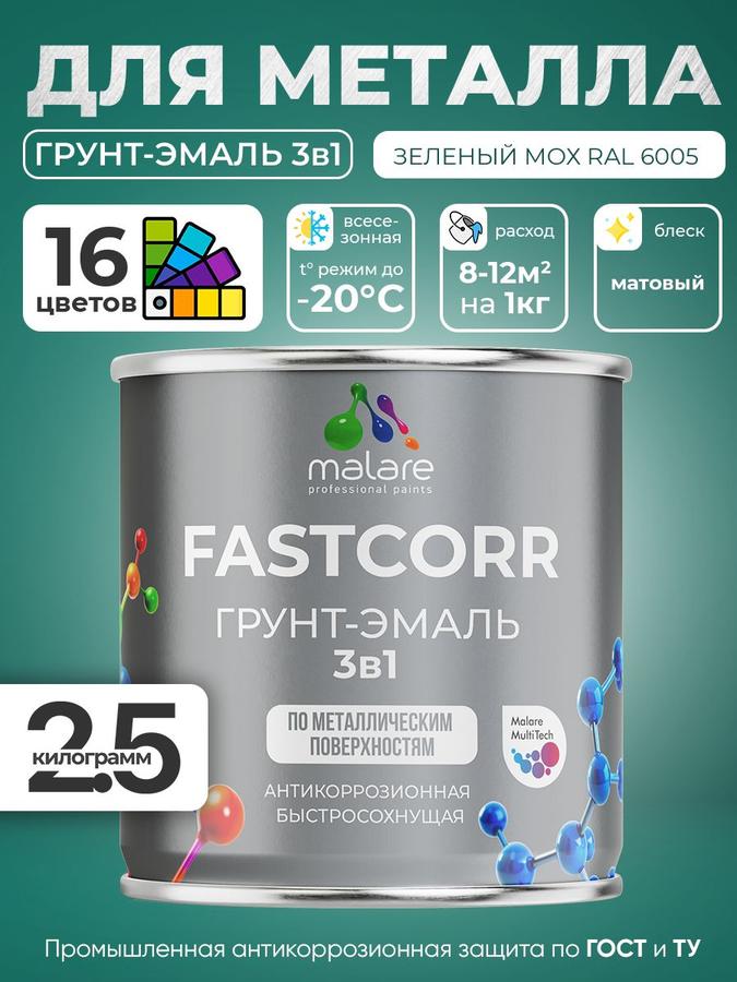 Грунт-эмаль по ржавчине Malare FastCorr 3 в 1 RAL 6005 зелёный мох, матовая, 2,5 кг, антикоррозионная и быстросохнущая