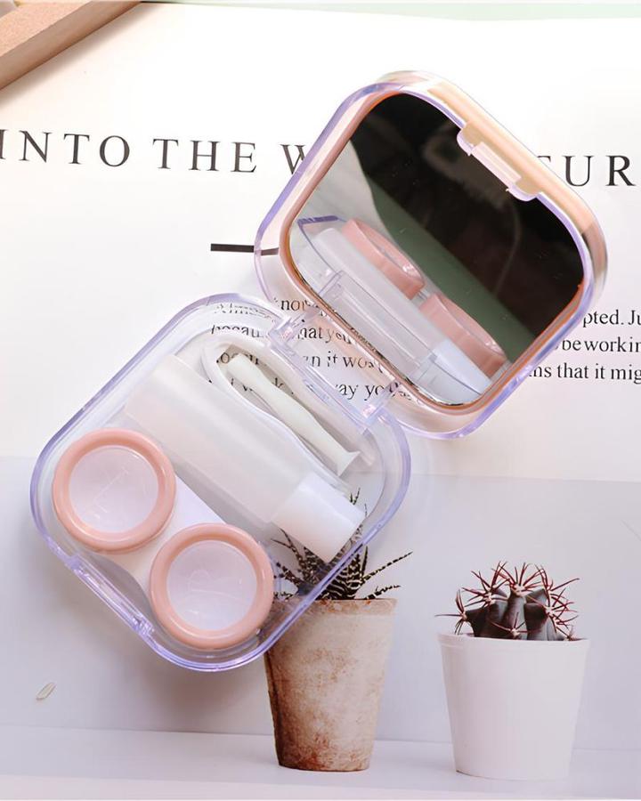 Дорожный набор для контактных линз AS 715 квадратный розовый с зеркалом, 1 шт