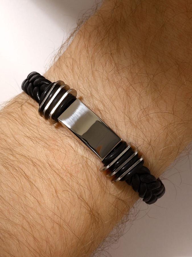 Унисекс браслет "Стиль" с прямоугольным элементом и косичкой, черный в серебре