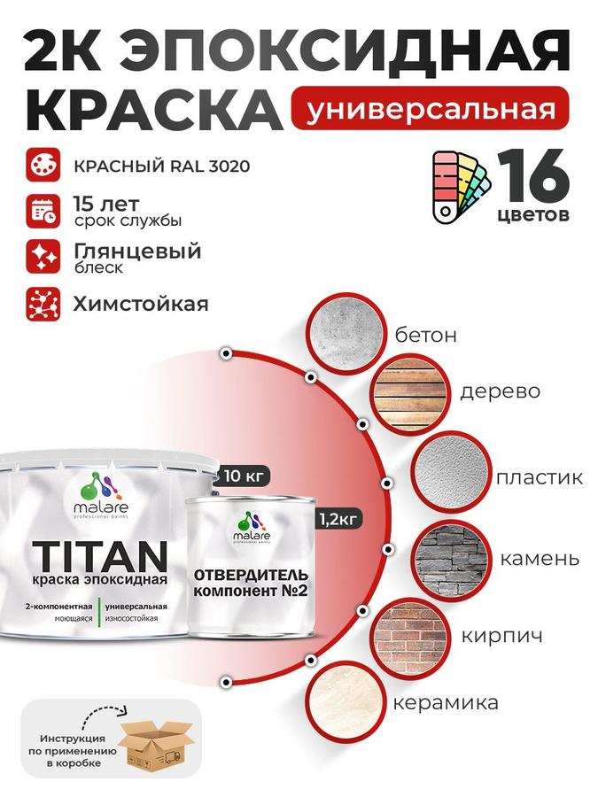 2К Эпоксидная краска Malare TITAN RAL 3020 красный, двухкомпонентная влагостойкая, высокопрочная, глянцевая (10 кг + 1,2 кг отвердитель)