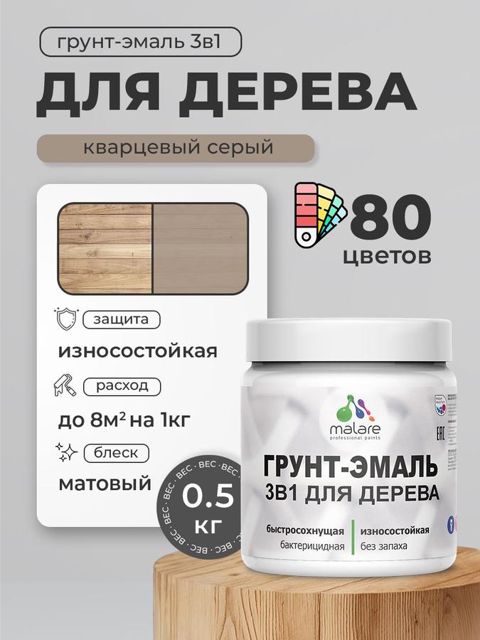 Акриловая грунт-эмаль 3 в 1 Malare серого цвета для дерева, быстросохнущая, антисептическая, матовая, 0.5 кг