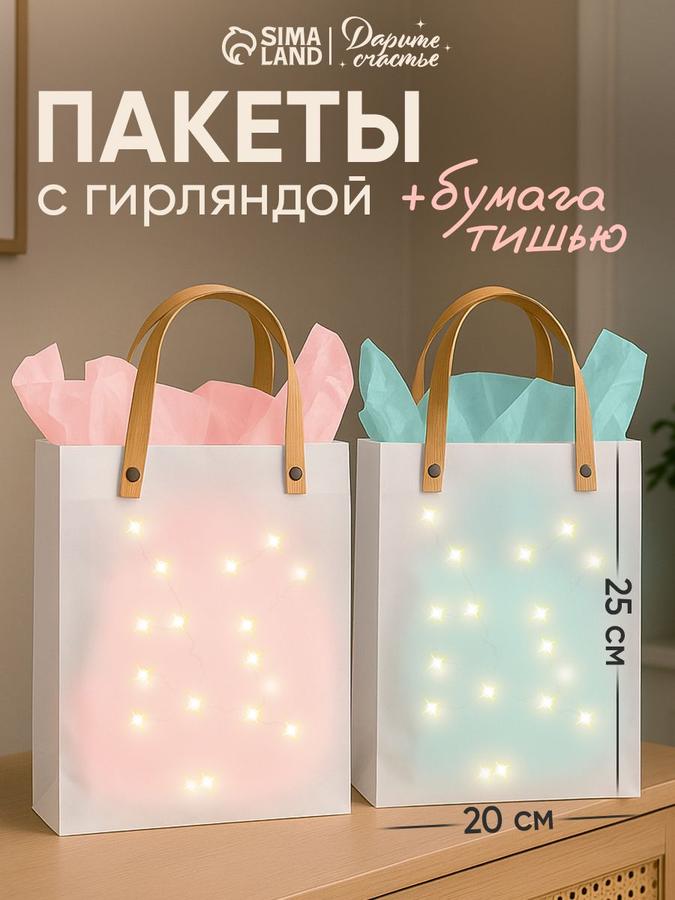 Подарочный набор из 2 пакетов с бумагой тишью и гирляндой 25x7x20 см