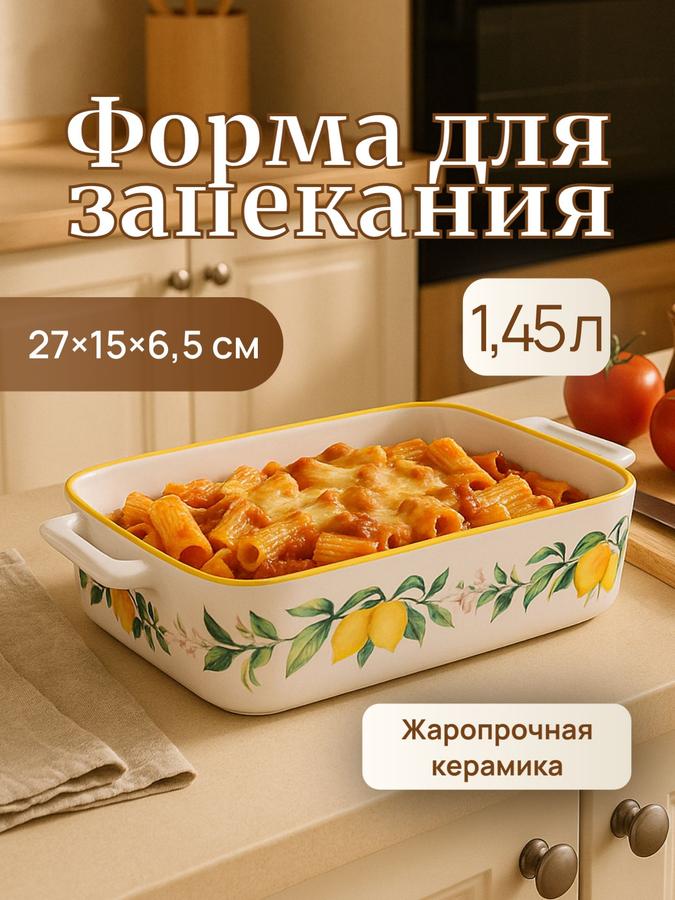 Керамическая форма для запекания 1,45 л с ручками, размер 27x15 см, жаропрочная