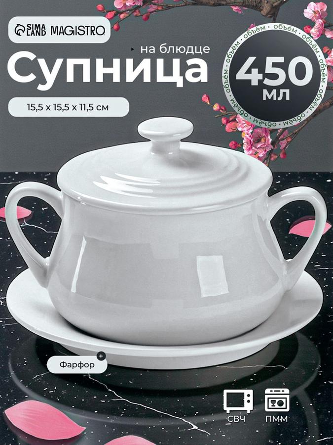 Бульонница фарфоровая с крышкой и ручками 450 мл белая