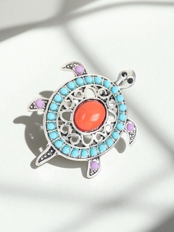 Этническая брошь "Черепашка" разноцветная в серебре