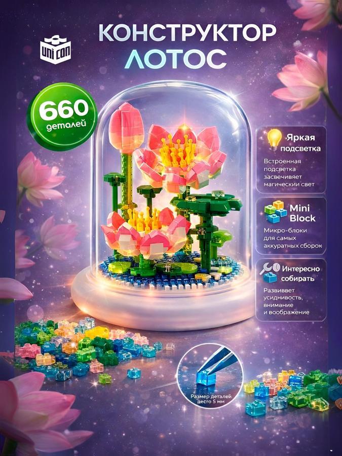Конструктор с подсветкой Лотос 660 деталей 3D ночник