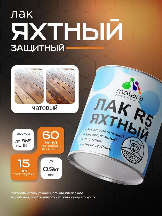 Яхтный лак Malare R5 Professional акрил-уретановый универсальный матовый 0.9 кг для дерева, металла и минеральных поверхностей