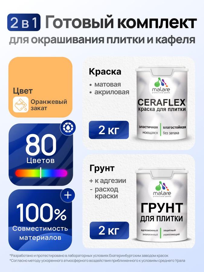 Комплект Malare LIPPO для окрашивания плитки и кафеля, акриловый, быстросохнущий, матовый, оранжевый закат, 2кг грунт + 2кг краска, без запаха