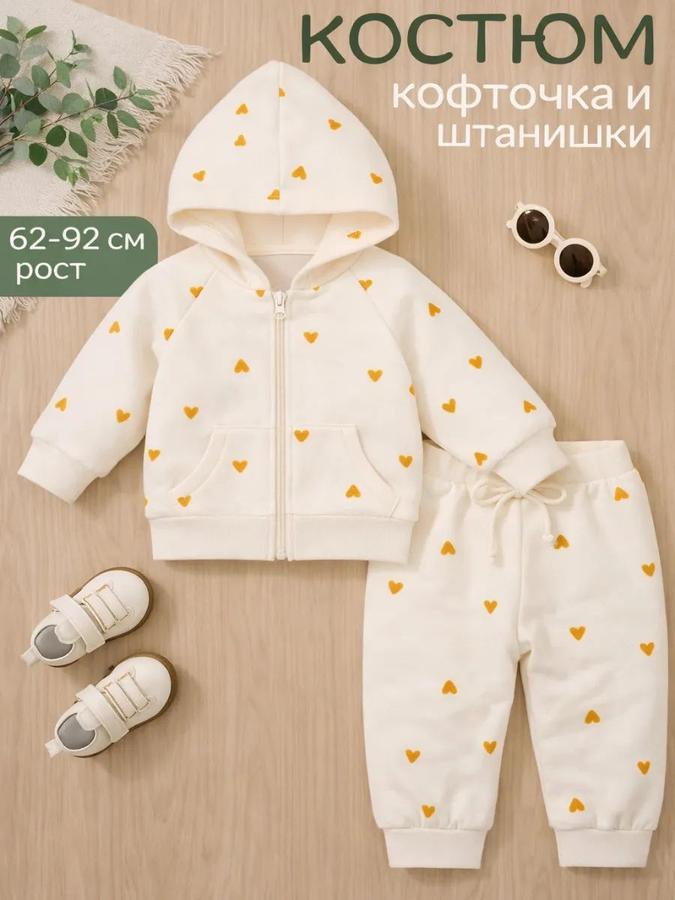 Детский хлопковый костюм Крошка Я 80-86, кофта на молнии и штаны, бежевый с сердечками