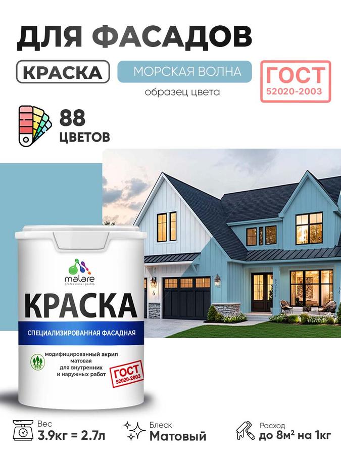 Фасадная краска Malare ГОСТ для дерева, камня и кирпича, по бетону и штукатурке, матовая, УФ-стойкая, быстросохнущая, без запаха, цвет Морская Волна, 2.7 л (3.9 кг)