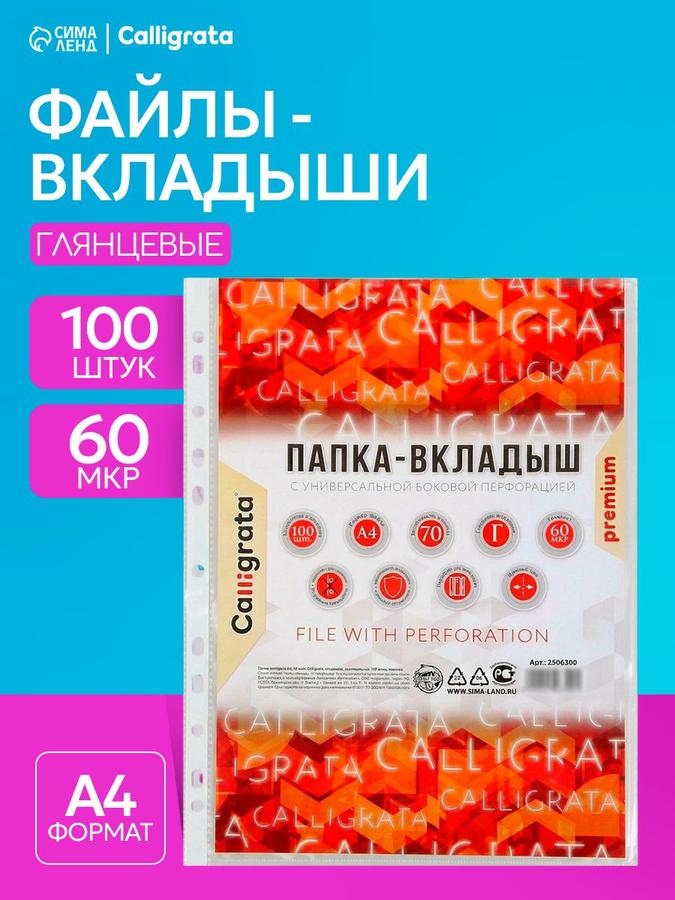 Файлы А4 глянцевые 60 мкм, 100 шт, мультифоры с перфорацией