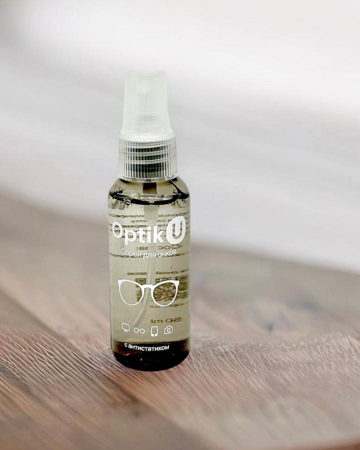 Спрей для очистки очков и линз Optik U серый с микрофибровой салфеткой в подарок