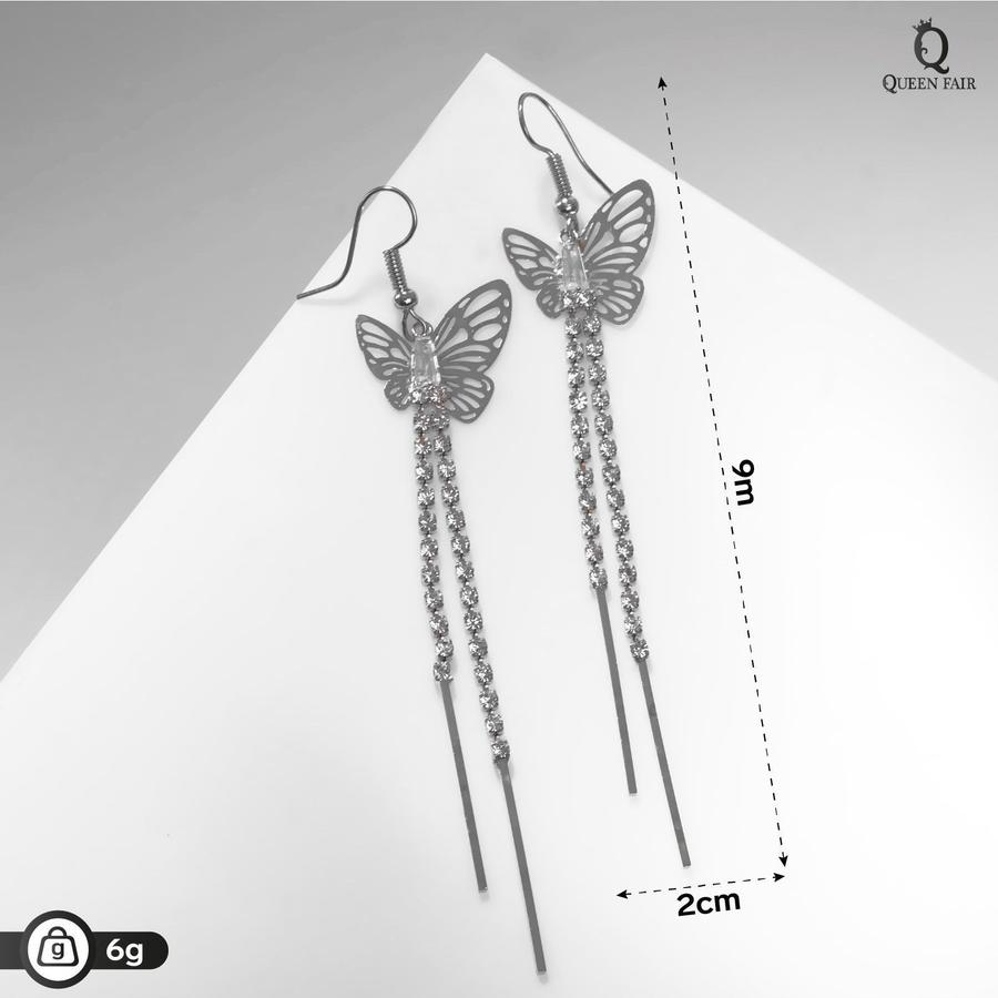 Серьги висячие серебряные с белыми стразами «Бабочки»