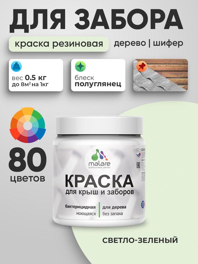 Резиновая краска Malare светло-зеленая 0.5 кг для дерева, наружные и внутренние работы, быстросохнущая, моющаяся, полуглянцевая, без запаха