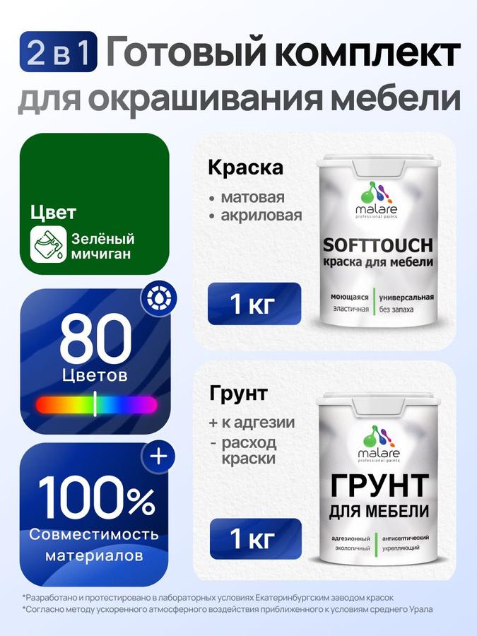 Комплект Malare SoftTouch для покраски мебели 2 кг, акриловый матовый грунт и краска зеленый Мичиган, быстросохнущий, без запаха
